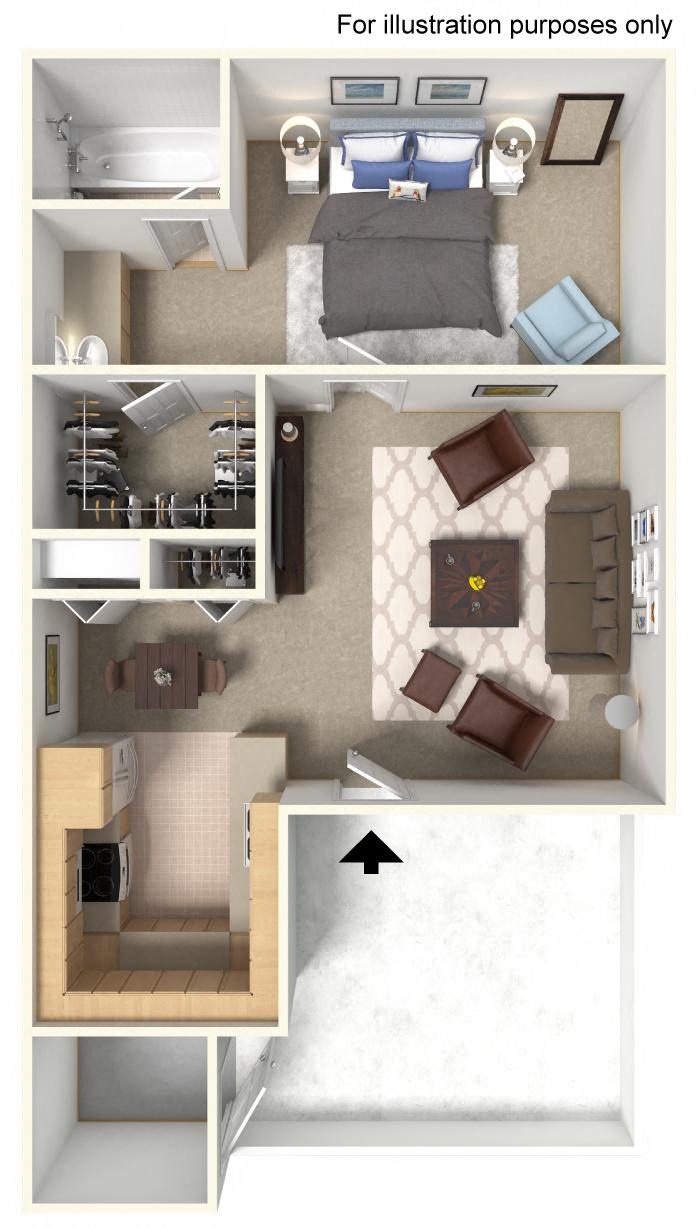Floor plan for 1 bed, 1 bath, 636 sqft